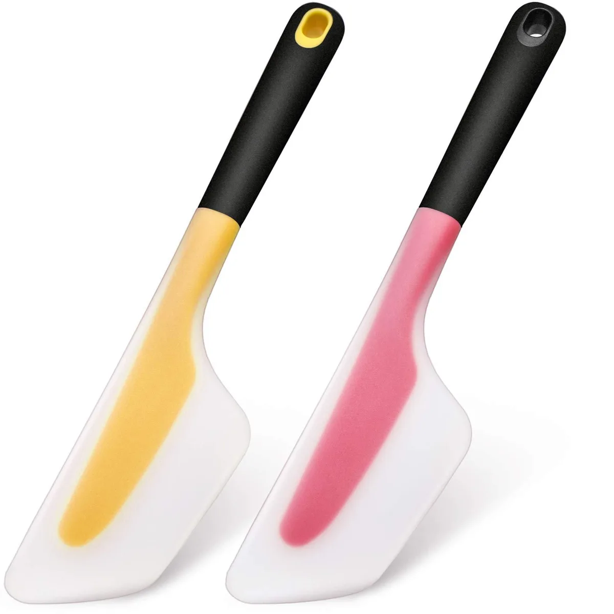 Two translucent silicone omelette turners, red and yellow, 12.9 in long with flexible rectangular heads and long non-slip handles