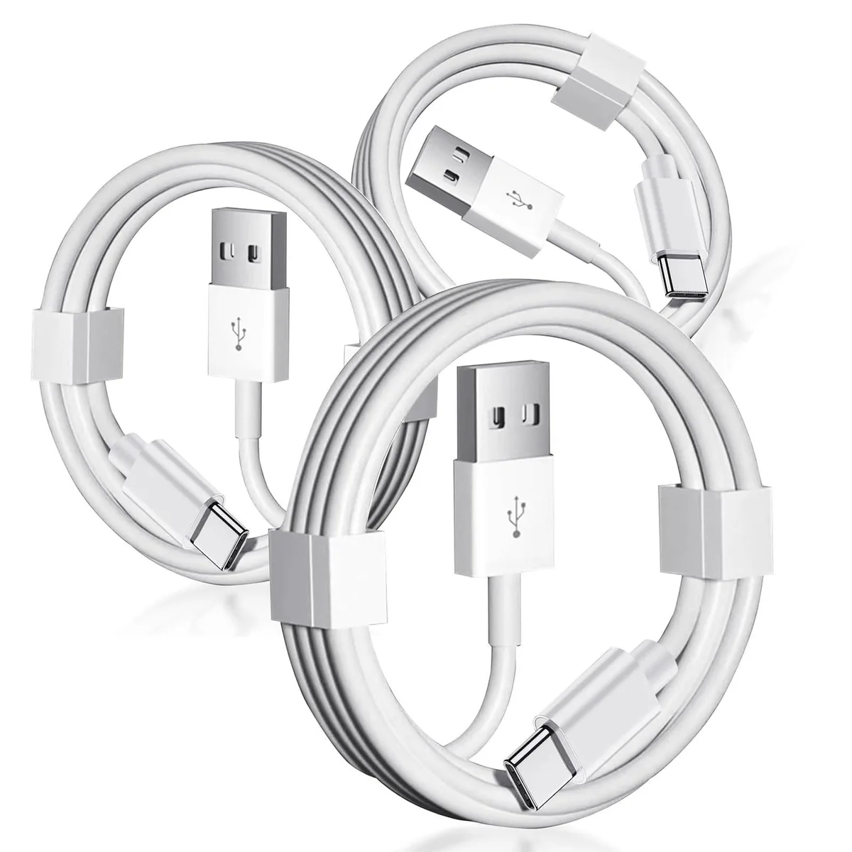 Three white USB-A to USB-C cables coiled together, 5ft each