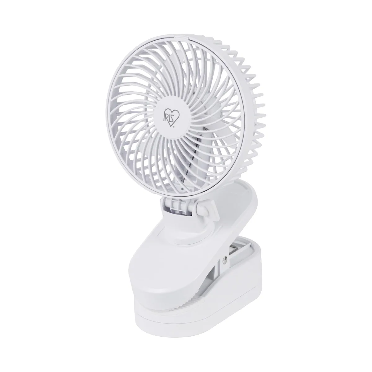 White 5-inch clip-on fan with painted plastic finish and adjustable head