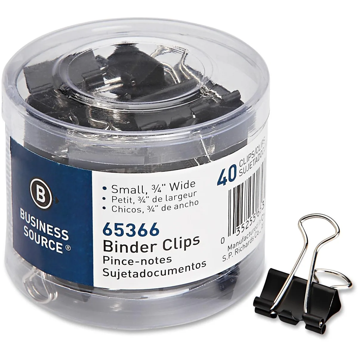 Forty small black steel binder clips with folded zinc wire arms lying flat on a light surface