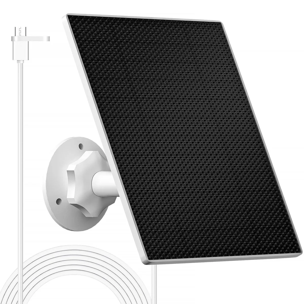 Black rectangular solar panel with adjustable mount and long charging cable