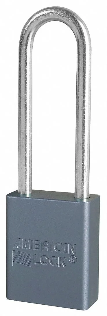 Rectangular silver aluminium padlock with long hardened steel shackle