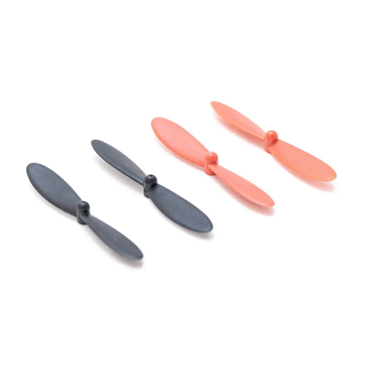 Set of four small drone propellers, two red front and two black rear, labelled F and R for rotation direction
