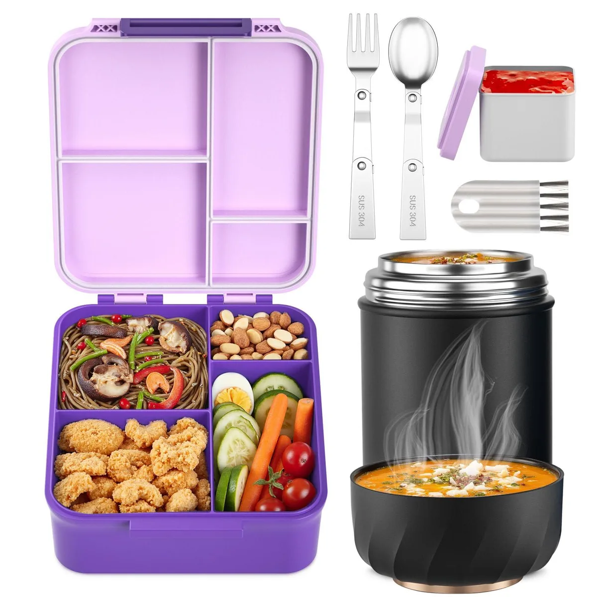 Red four-compartment bento box set with insulated thermo flask and folding cutlery