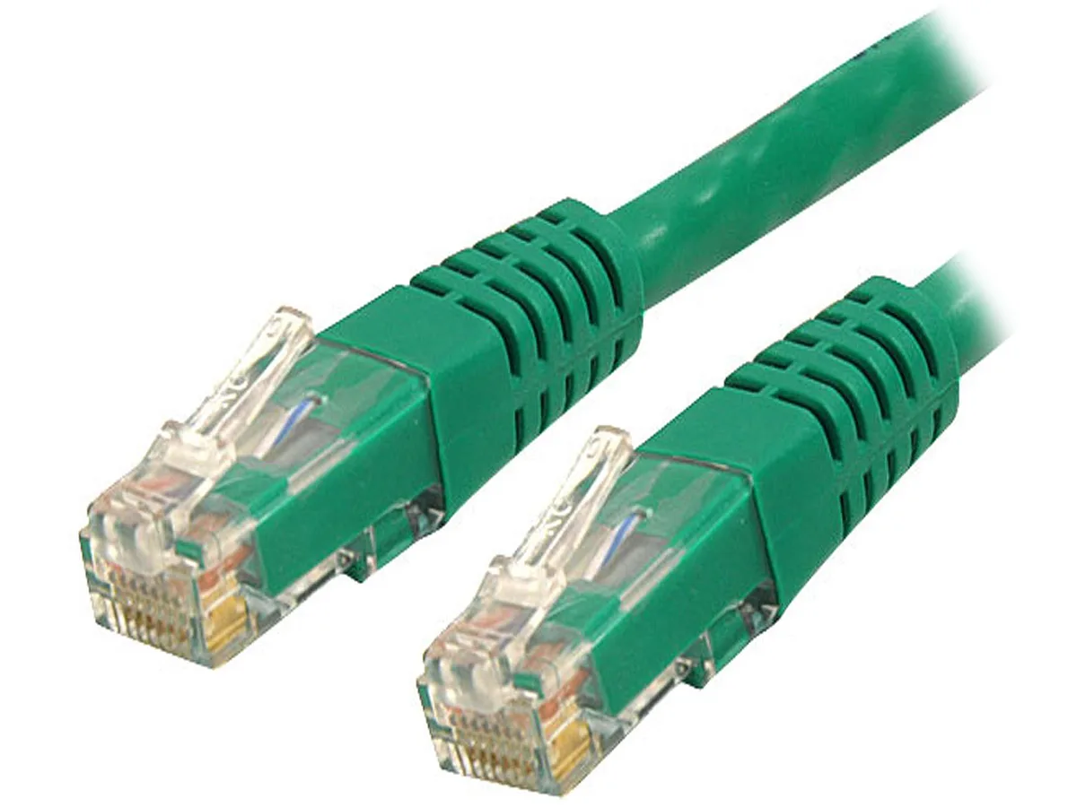 Green Cat6 patch cable with moulded RJ45 connectors, five feet long