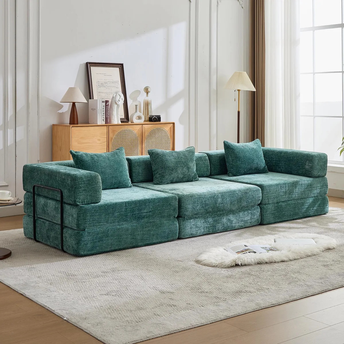 Dark green chenille convertible floor sofa bed with fixed-shape frame