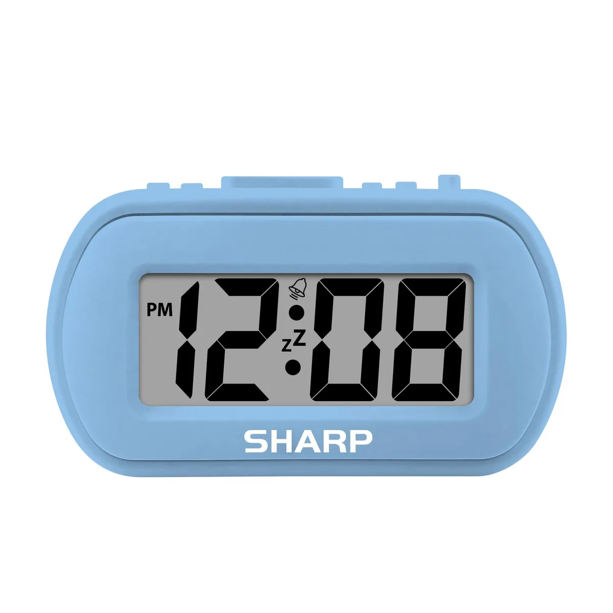 Small rectangular blue digital alarm clock with rubberised tactile finish and top-mounted controls