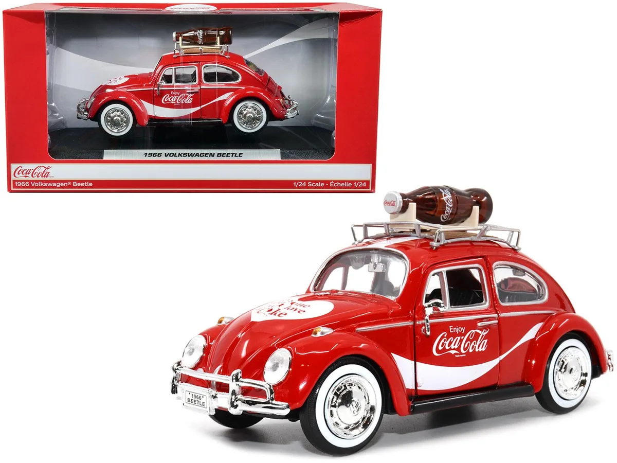 Motor City Classics Motor City Classics 1966 Volkswagen Beetle Red Enjoy Coca-Cola with Roof Rack 1/24 Diecast — product photo