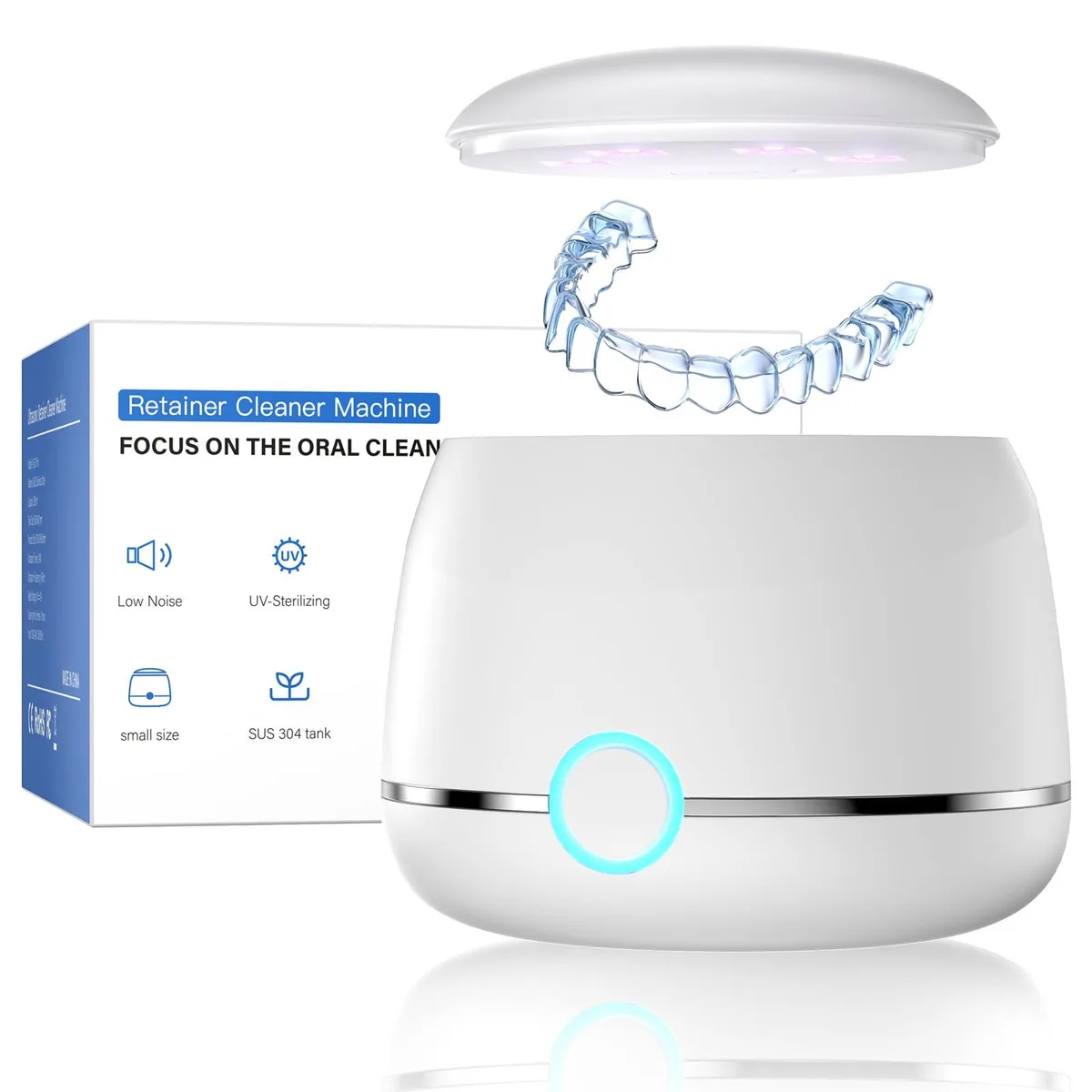 White rectangular ultrasonic cleaner with transparent lid and USB-C charging port