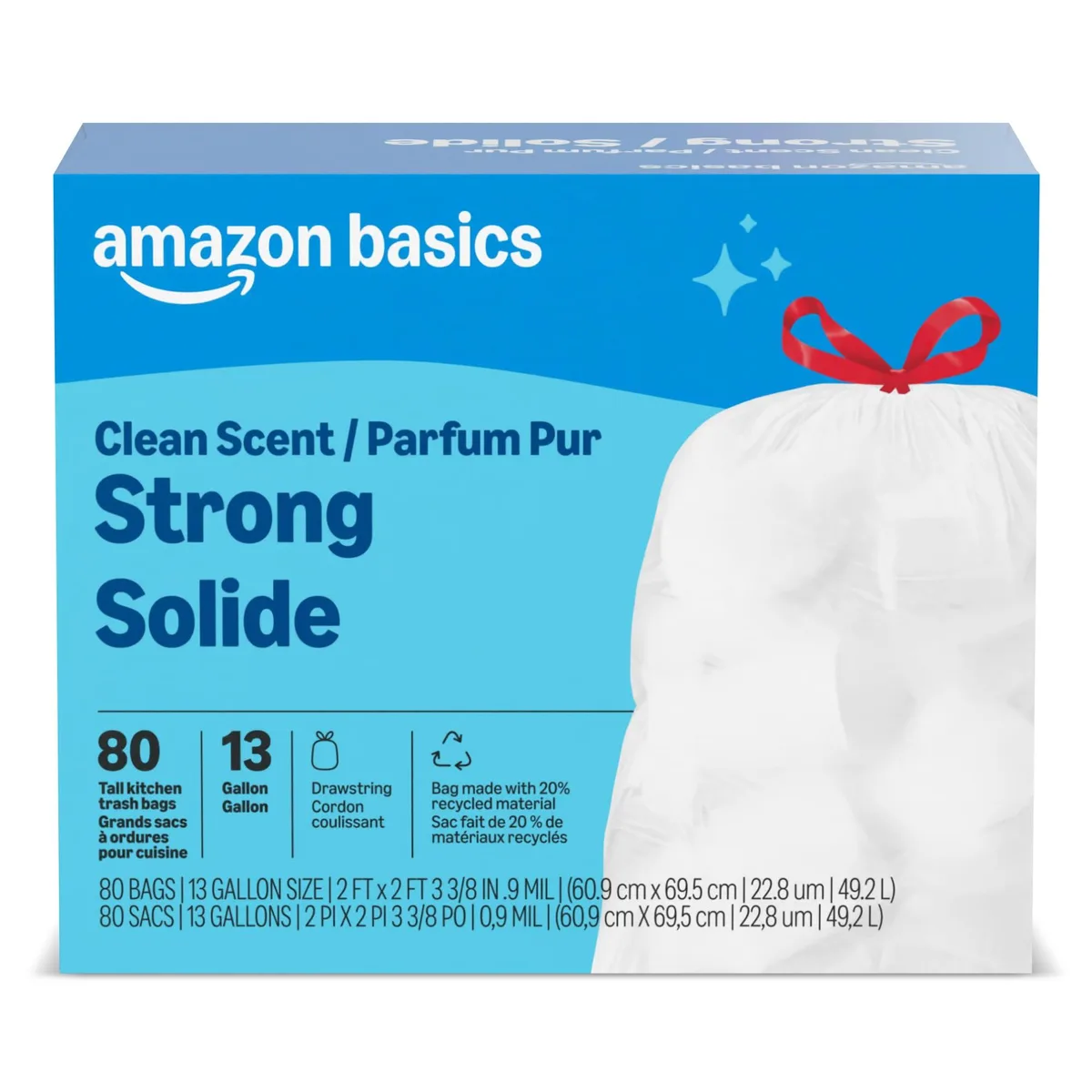 White plastic drawstring kitchen trash bags in a pack of 80