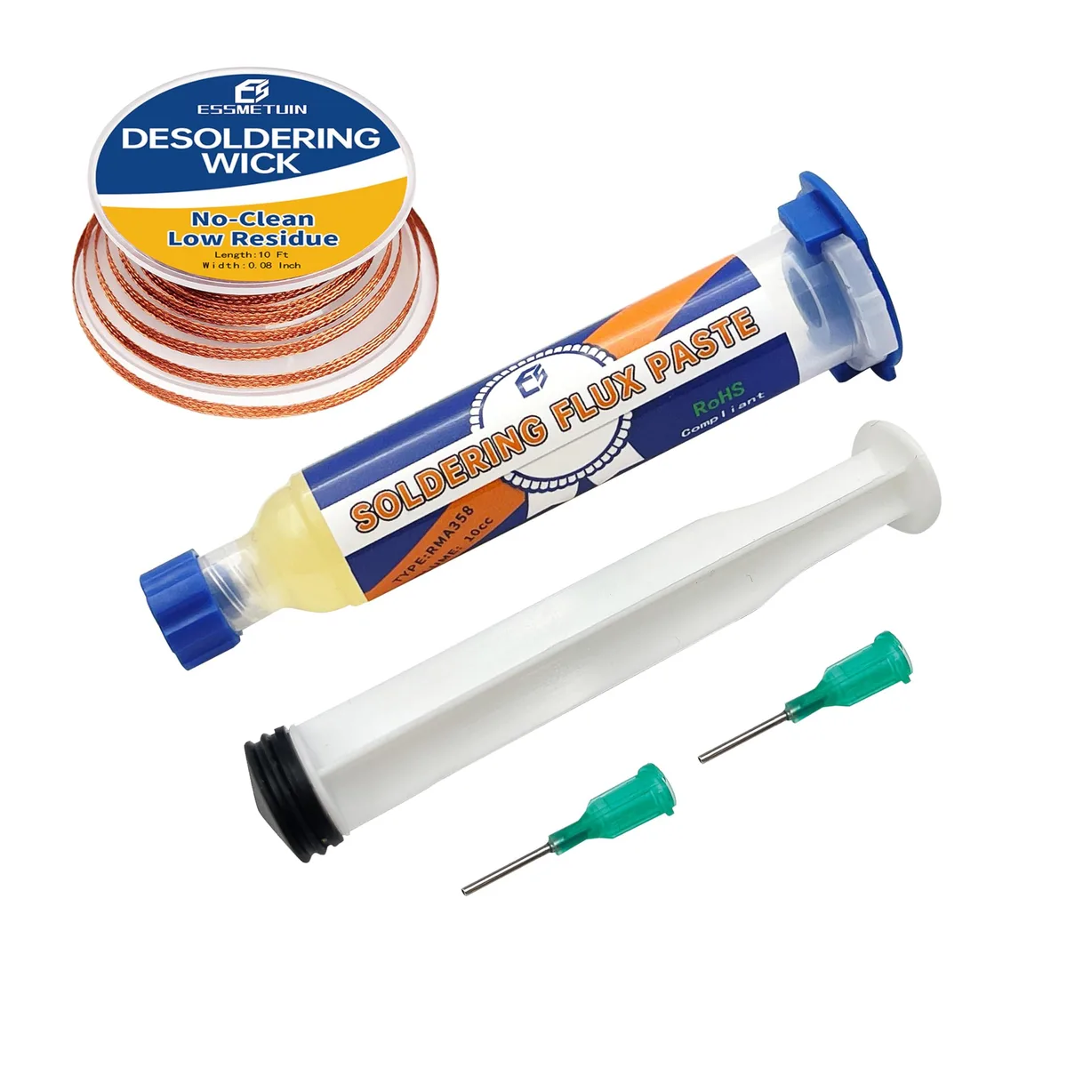 White 10CC flux paste syringe and copper desoldering wick spool