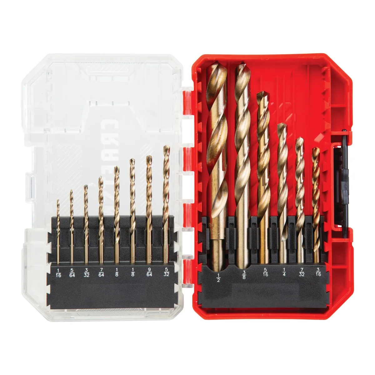 Black metal case holding 14 gold oxide drill bits