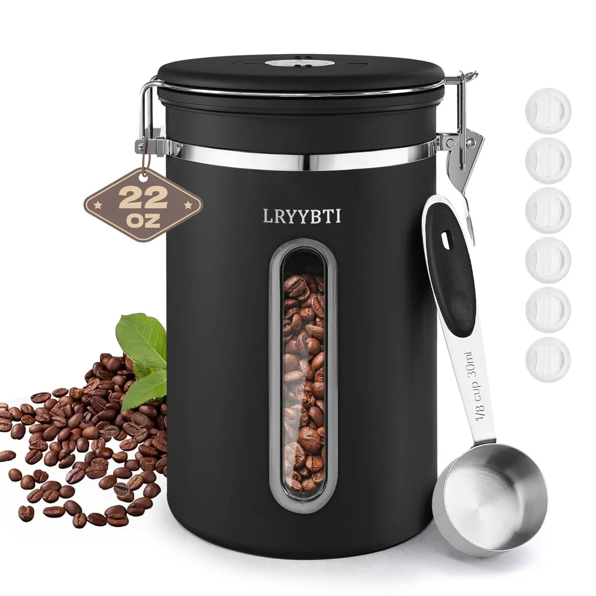 Black stainless steel coffee canister with clear viewing window, date tracker on lid and measuring scoop attached