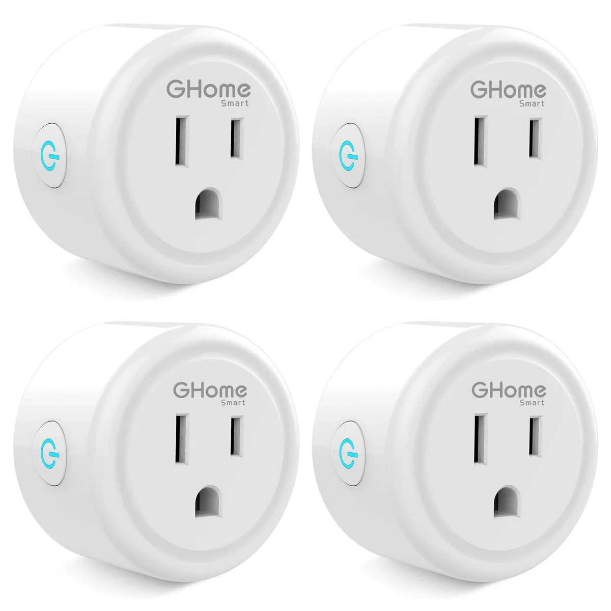 Four small white rectangular smart plugs with front power buttons