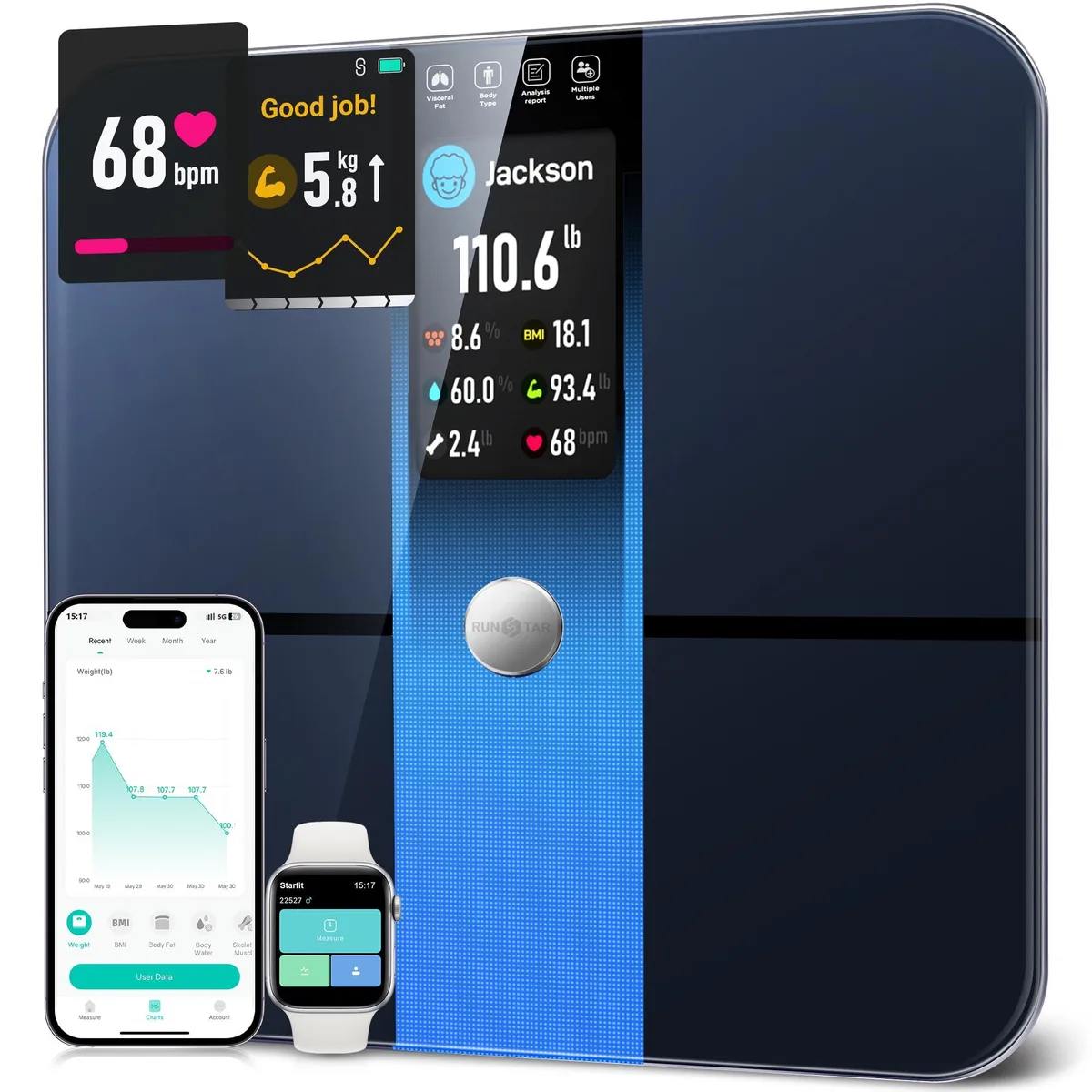 Black digital bathroom scale with 3.5 inch TFT color display