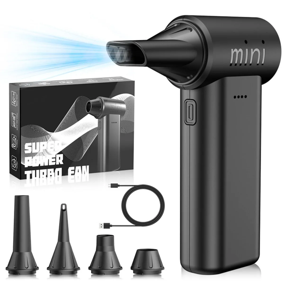 Black cordless electric air duster with five interchangeable nozzles and Type-C cable