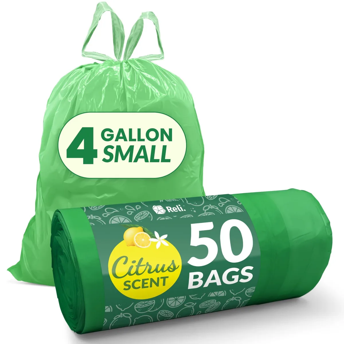 Light green 4-gallon drawstring trash bags on a roll 50 count