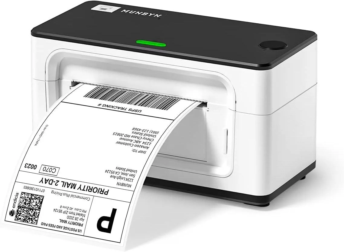 Compact white thermal label printer with 4.3 inch display and rear paper feed