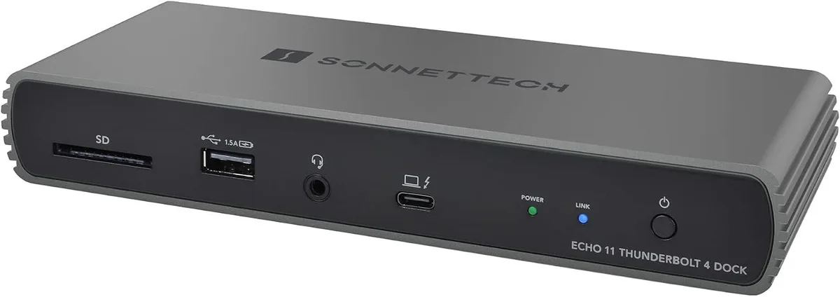 Rectangular silver docking station with multiple ports on front and back