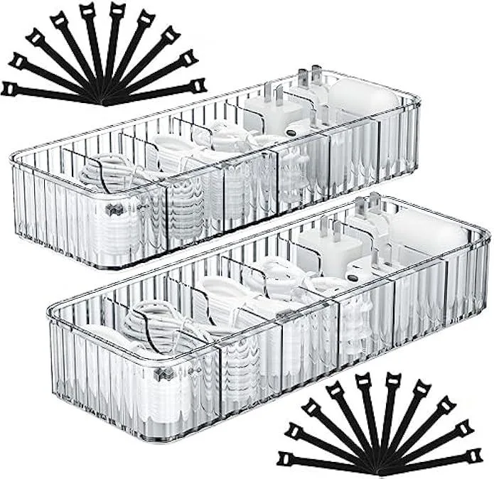 Two clear stackable cable boxes with U-shaped grooves and 20 cable ties