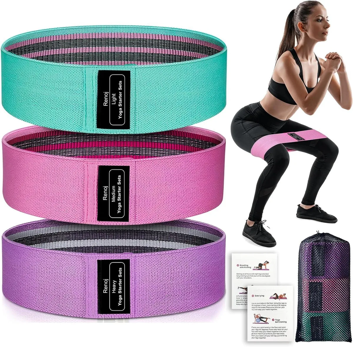 Three pink fabric resistance bands in light medium heavy tensions