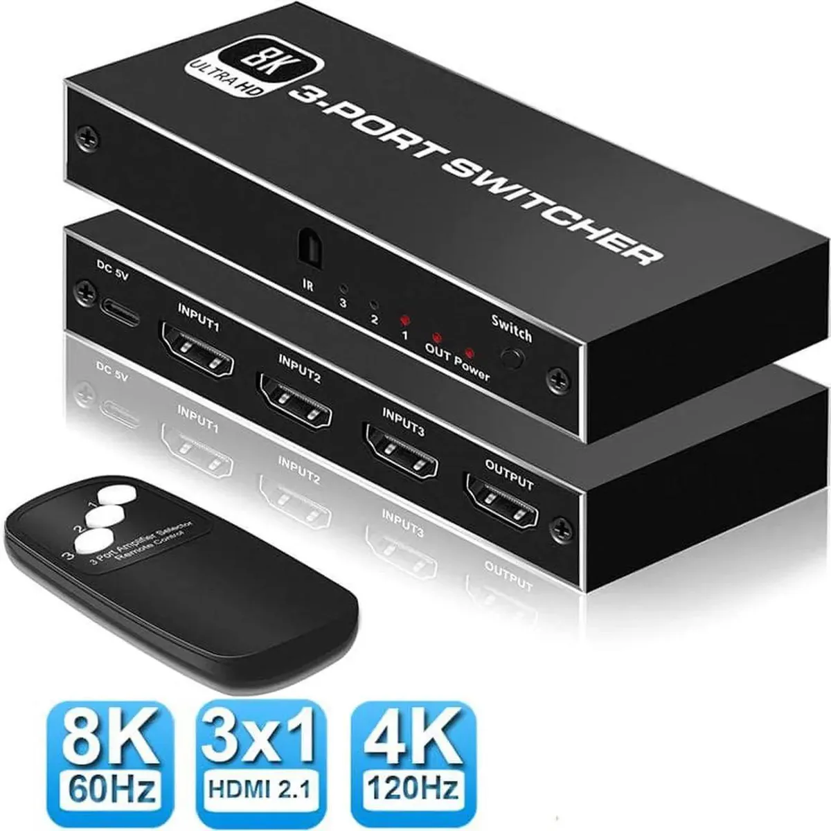 Vszerda Vszerda HDMI 2.1 Switch 3 in 1 Out 8K 60Hz 4K 120Hz 48Gbps Aluminium with IR Remote — product photo
