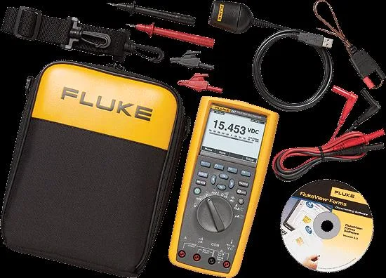 Yellow Fluke 287 digital multimeter with LCD display and test leads