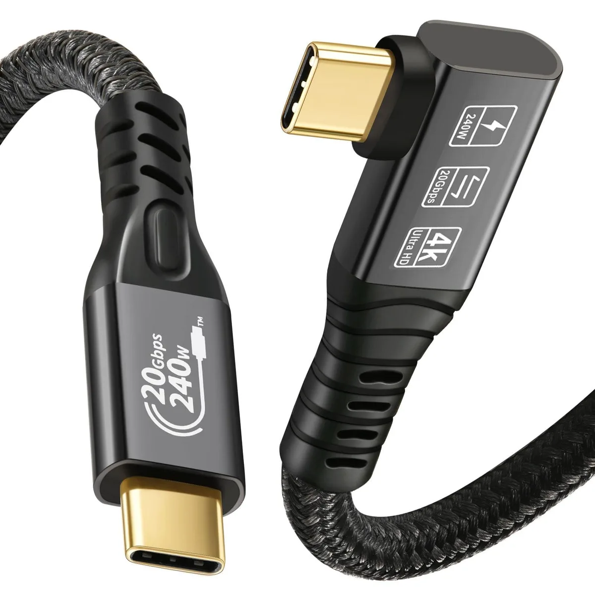 Black USB-C cable with 90-degree angled connectors, two metres long