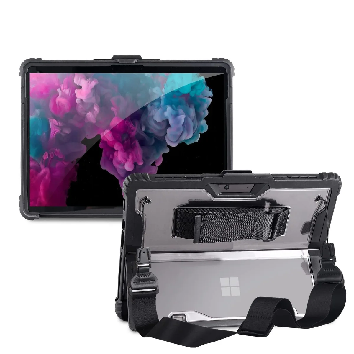 Black rugged protective case for 13 inch Surface Pro 8 with shoulder strap hand strap and pen holder