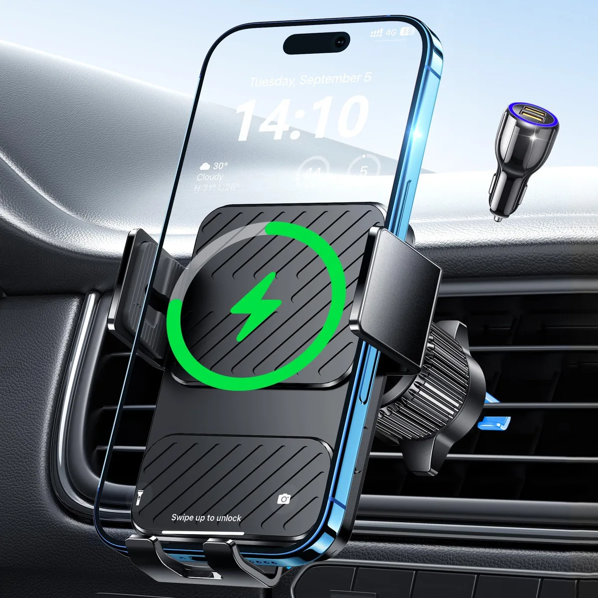 Black wireless car charger with auto-clamping arms on air vent mount