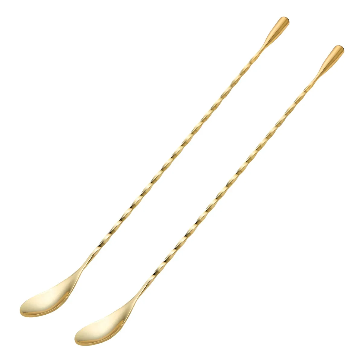 Two gold stainless steel bar spoons, 12 inch twisted handles, drop-shaped ends