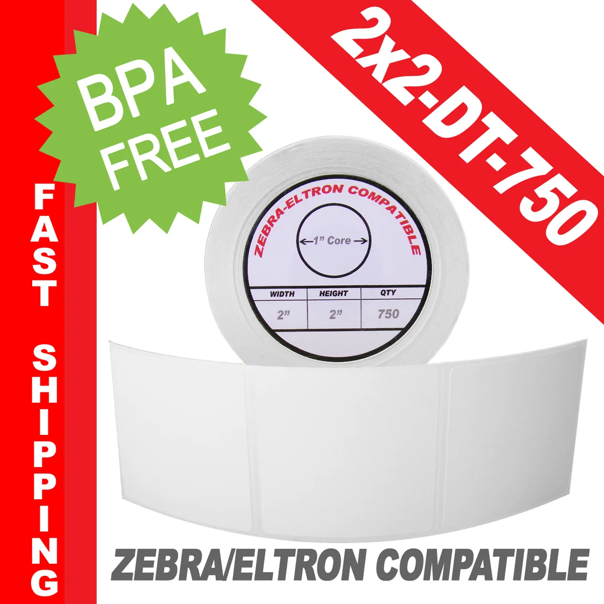 White square direct thermal label roll on 1 inch core 750 labels