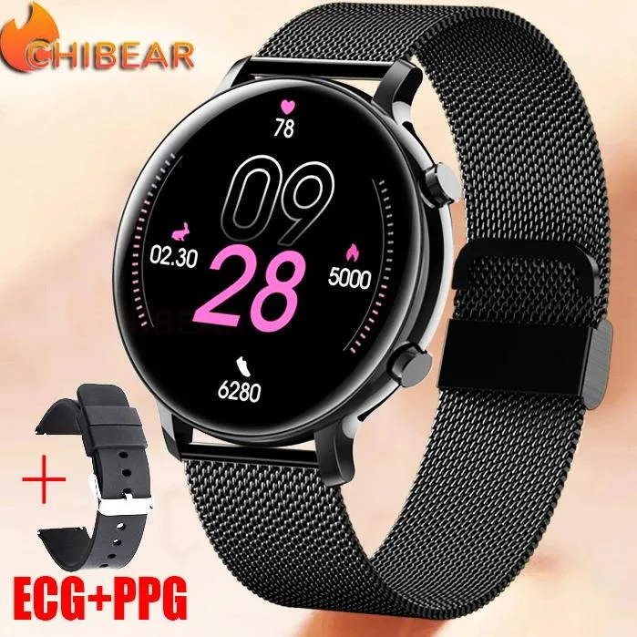 Round black smartwatch with stainless steel link bracelet and 1.28 inch display