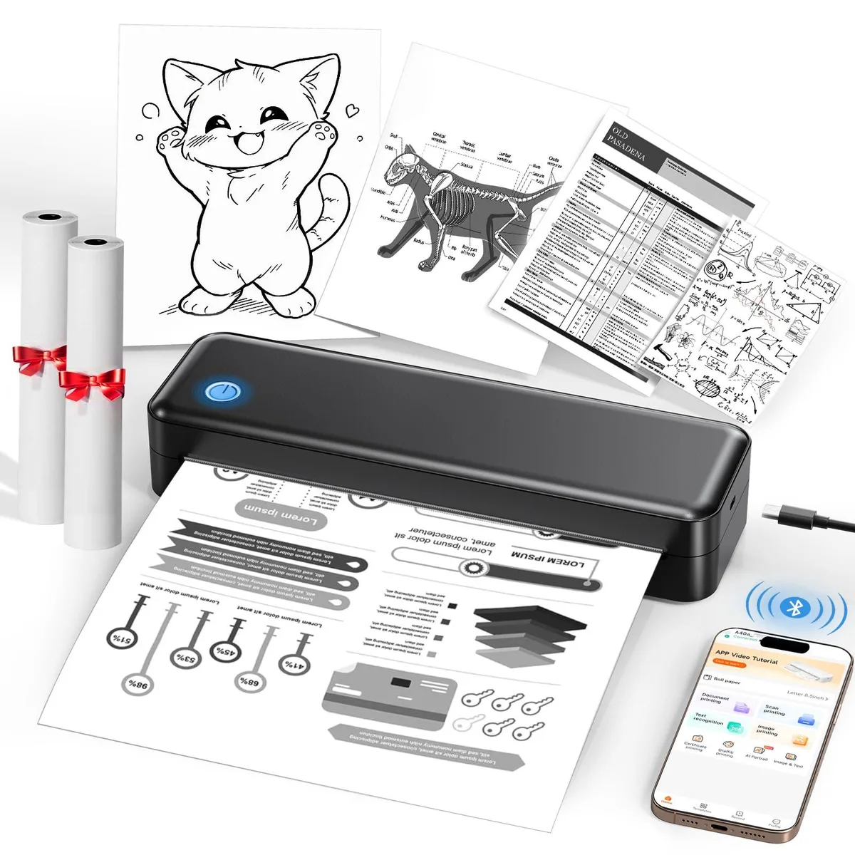 Black rectangular portable thermal printer with rounded edges and a paper output slot
