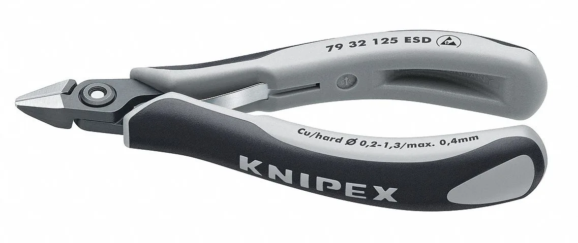 Knipex ESD precision diagonal cutters, black and grey finish, pointed head, spring-return cushioned grips
