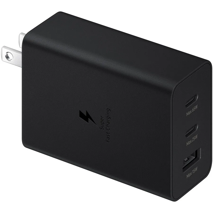 Black rectangular charger with three ports and folded prongs