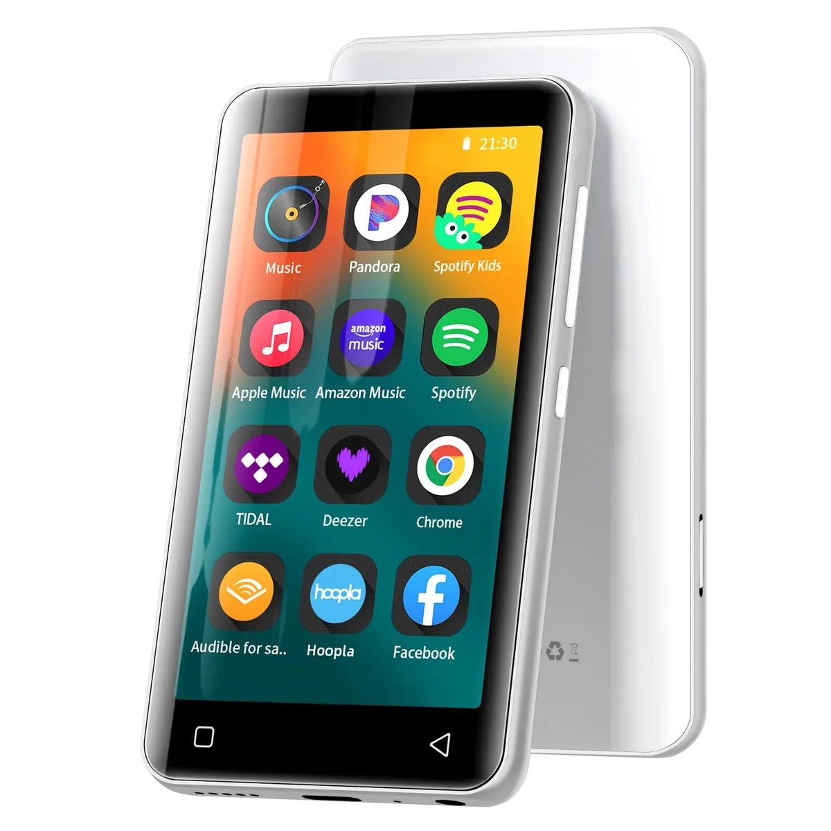 Silver rectangular MP3 player with 4 inch touchscreen