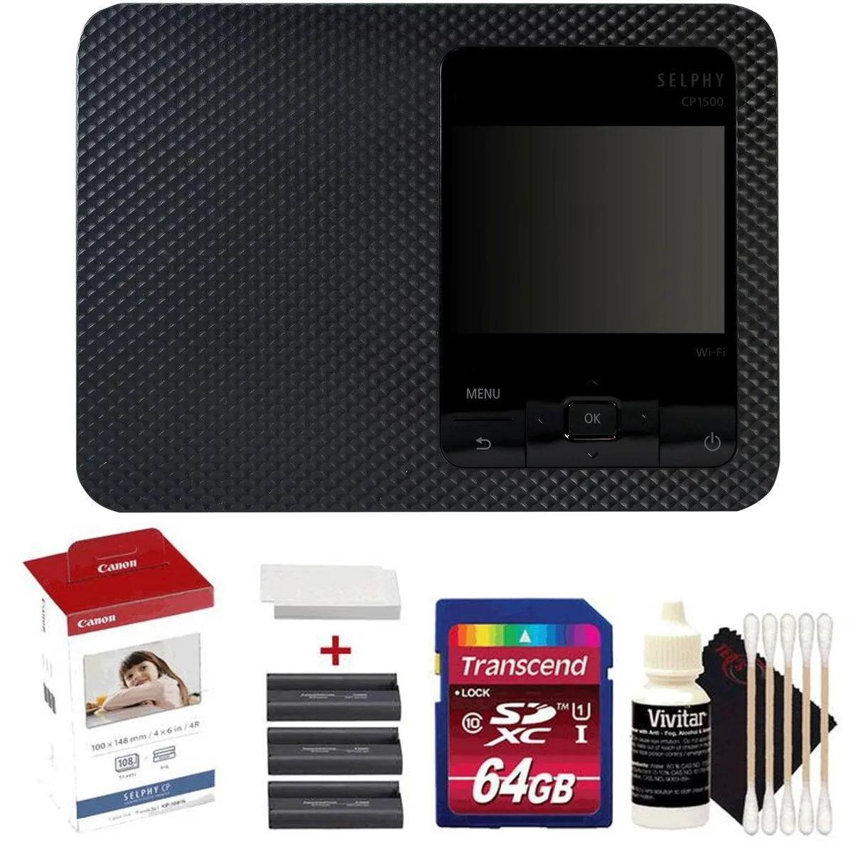 Canon Canon SELPHY CP1500 Compact Photo Printer Black with KP-108IN Ink Kit 64GB Card Cleaning Kit — product photo
