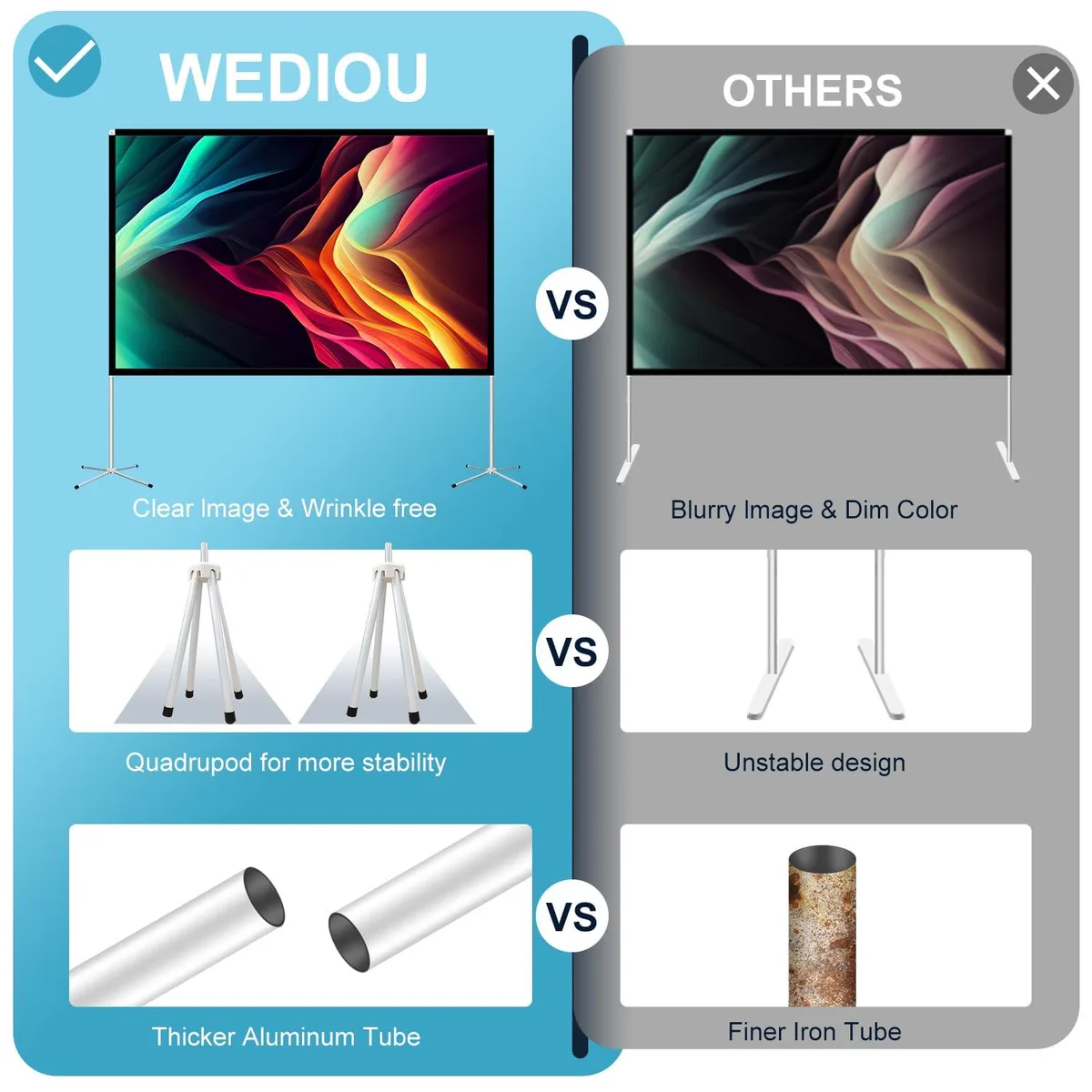 White rectangular projector screen on a foldable aluminium frame with cross base and carry bag