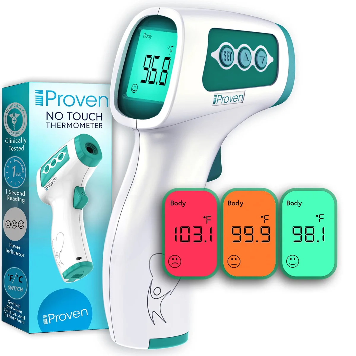 Green infrared forehead thermometer, pistol grip shape, matte finish