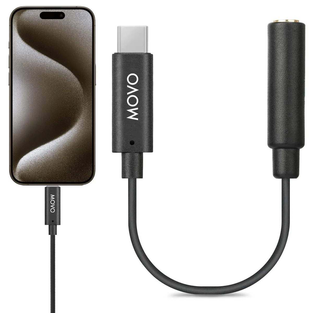 Black USB-C dongle with 3.5 mm TRRS female socket, short cable