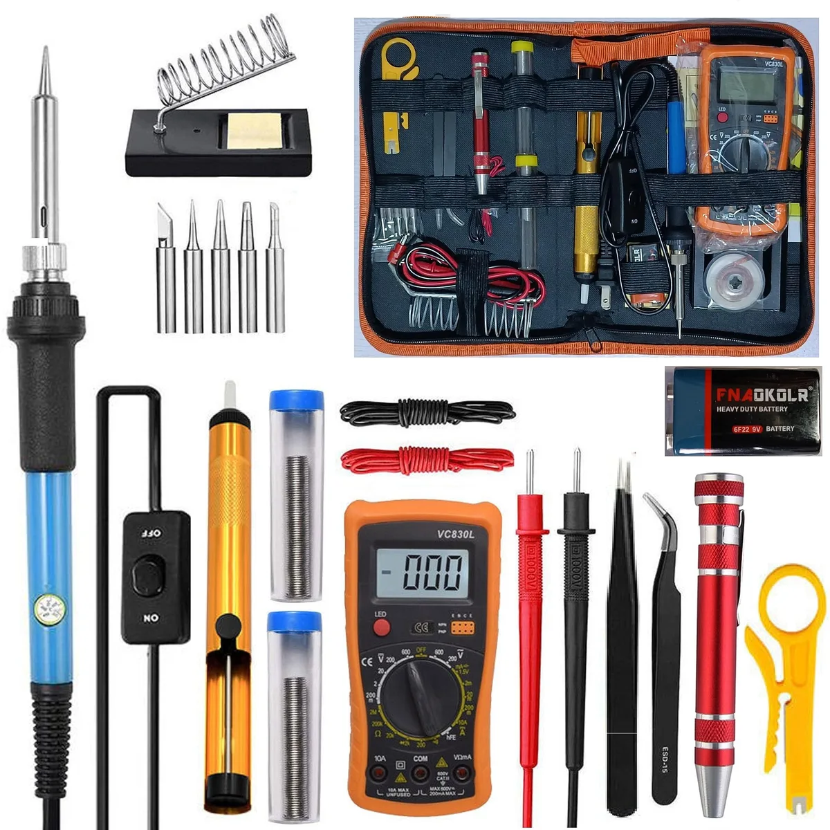 Red Klein Tools kit with soldering iron, multimeter, and accessories in carry bag