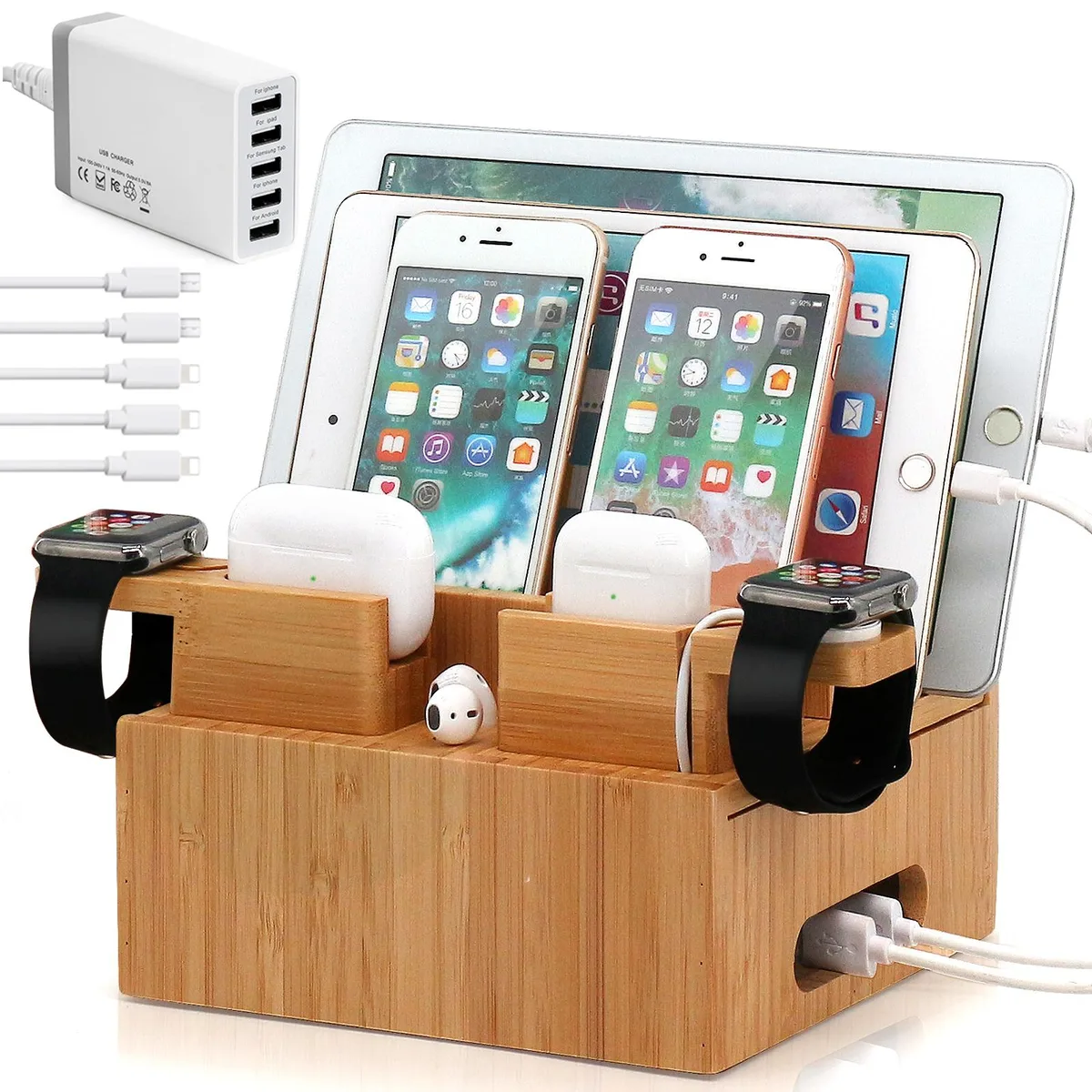 Beebo Beabo Beebo Beabo Bamboo Charging Station 8-Device Organizer with 5 Cables and 5-Port Hub — product photo