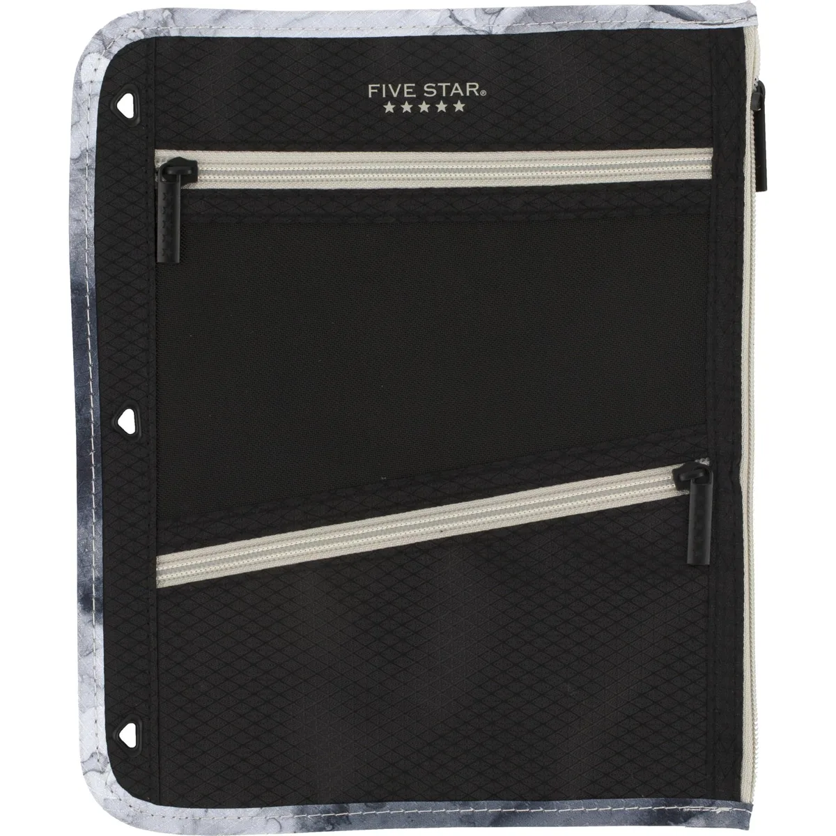 Black and grey polyester zipper pouch with three pockets and mesh panel, 11 by 9 inches