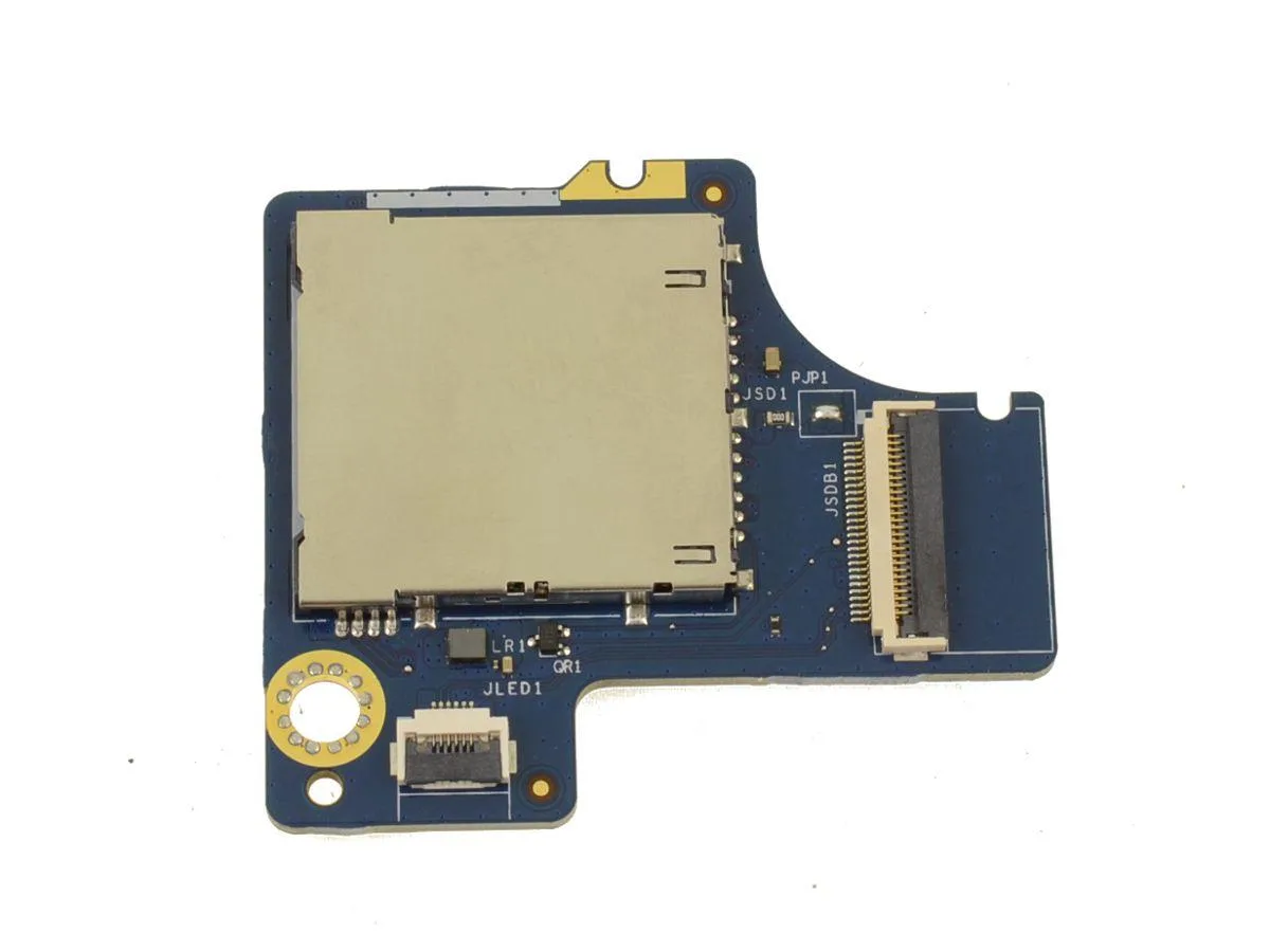 Small rectangular green circuit board with silver SD card slot and gold edge connector