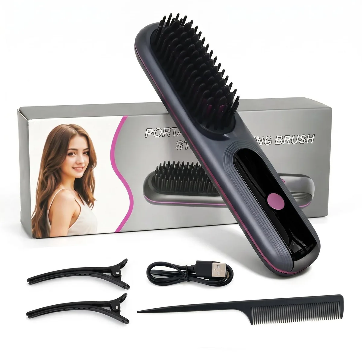 Cordless hair straightener brush with LED display and USB-C charging