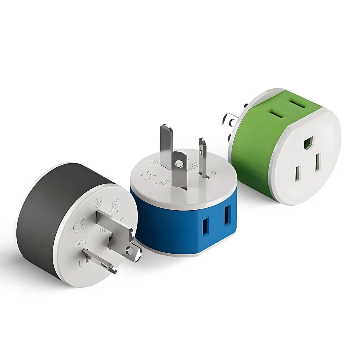 Three small blue Type I travel adapters with dual US inputs compact cube shape