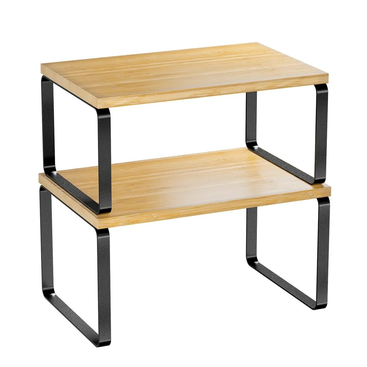 Two expandable bamboo shelves in black and natural beige, nesting together on a countertop