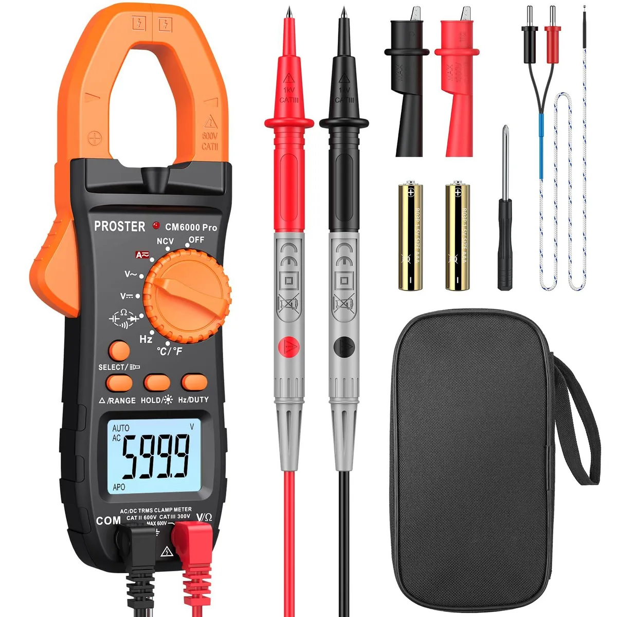 Yellow handheld clamp meter with 28mm jaw, backlit LCD, test leads and zippered pouch