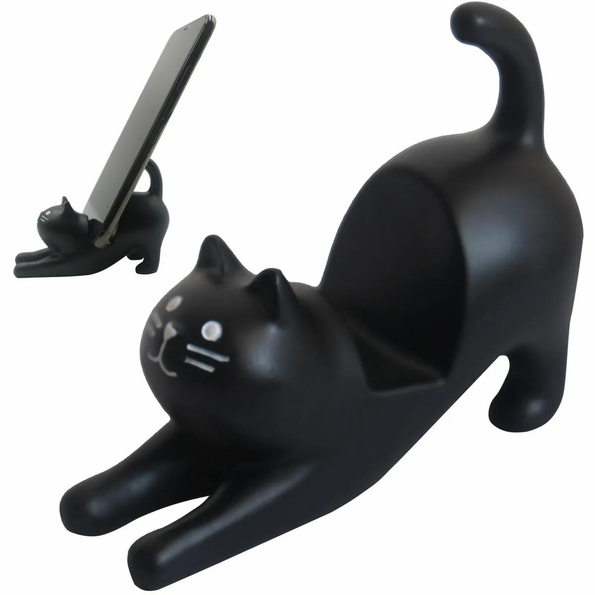 Small black cat shaped phone stand, smooth finish, 157g